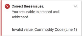 Screenshot from Marketplace (Jaggaer) of the Error - "Invalid Commodity Code" that some Punchout items are having in cart.